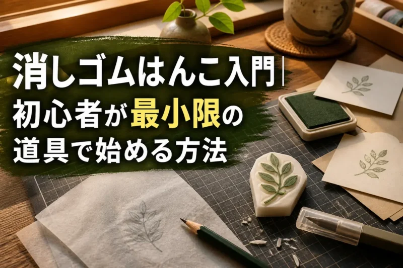 消しゴムはんこの版材と道具、葉の印影を並べた初心者向けの作業机。