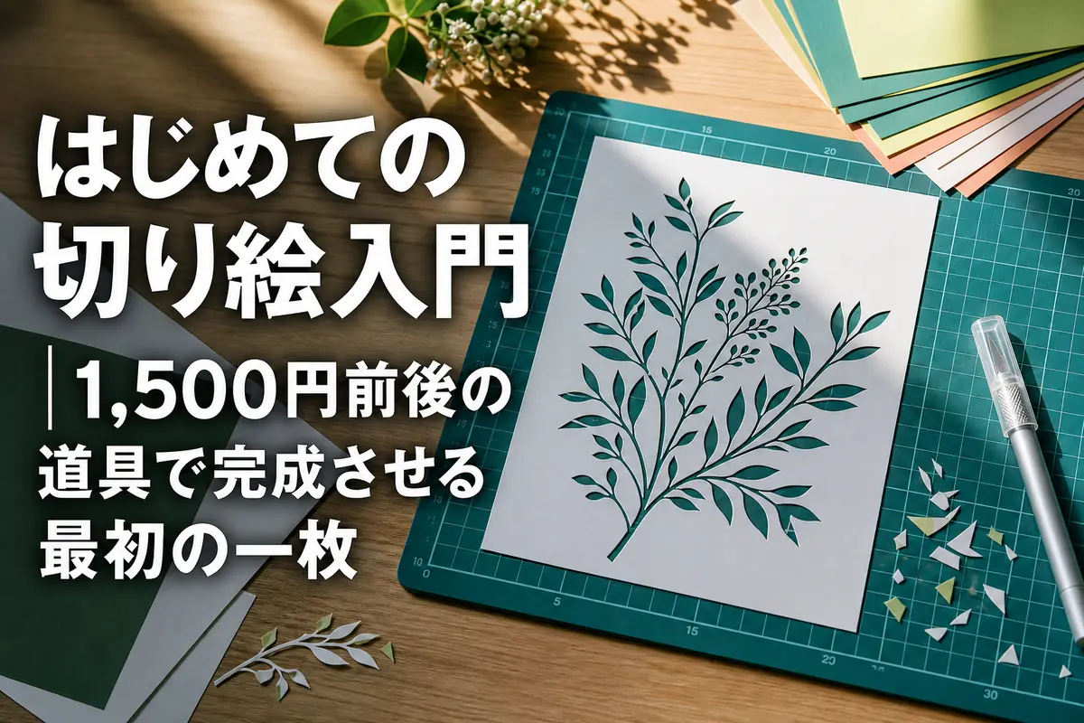 切り絵の作品と初心者向けの道具を並べた作業机。