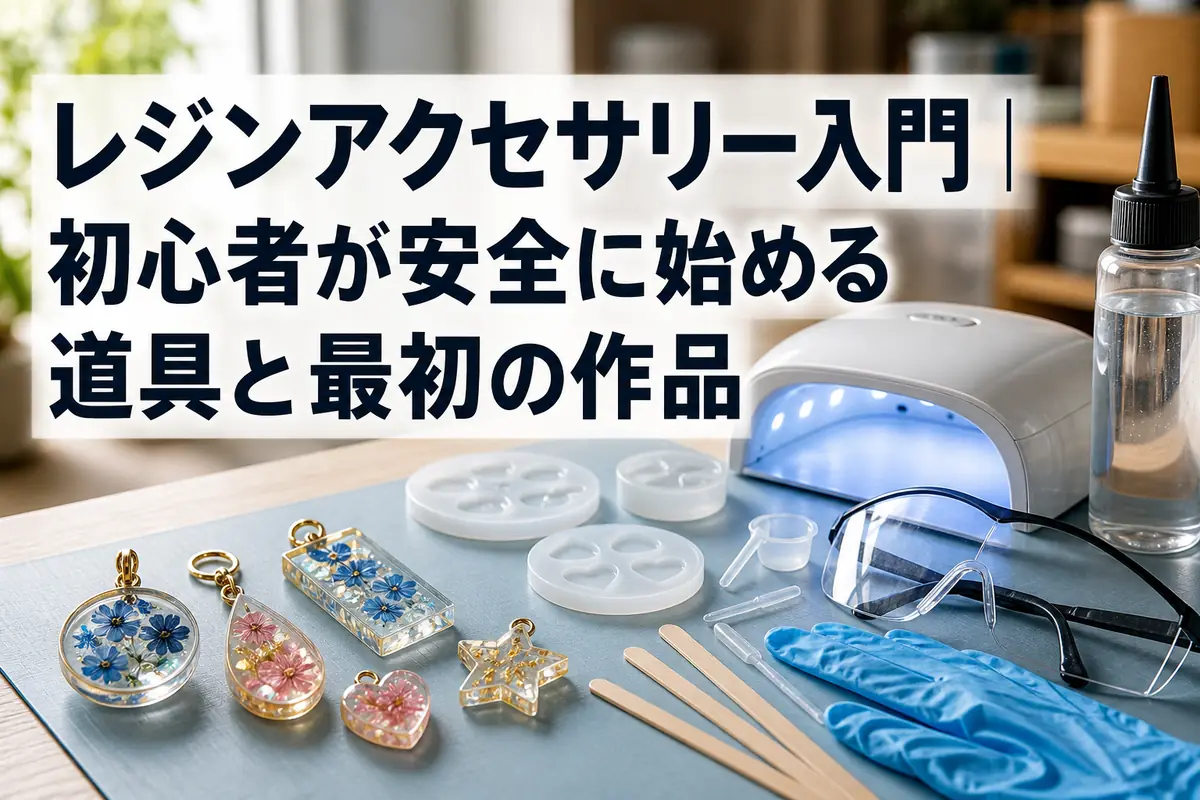 安全用品と基本の道具をそろえたレジンアクセサリーの作業机。