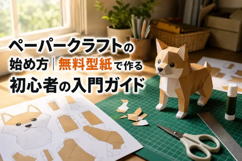 無料型紙と身近な道具を使ってペーパークラフトを作る机上の様子。