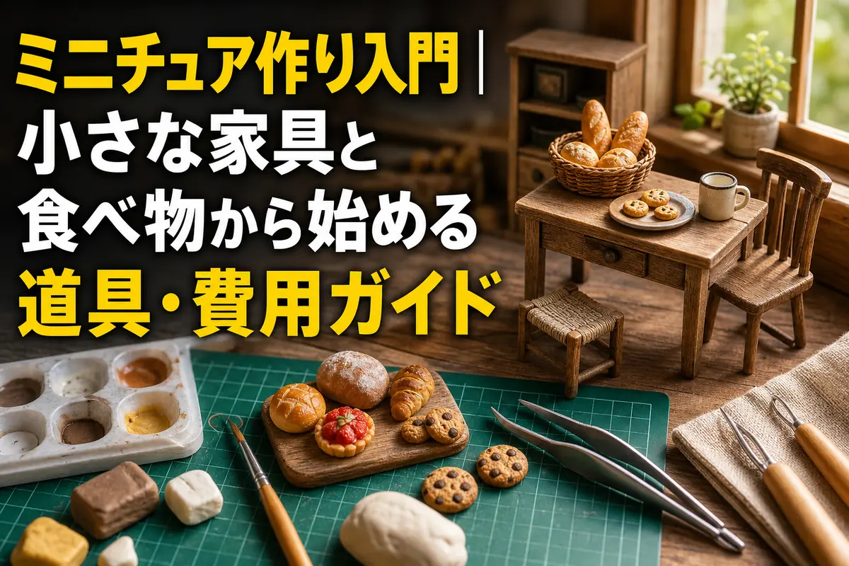 小さな木製家具と粘土のパンを制作しているミニチュア作りの作業机。