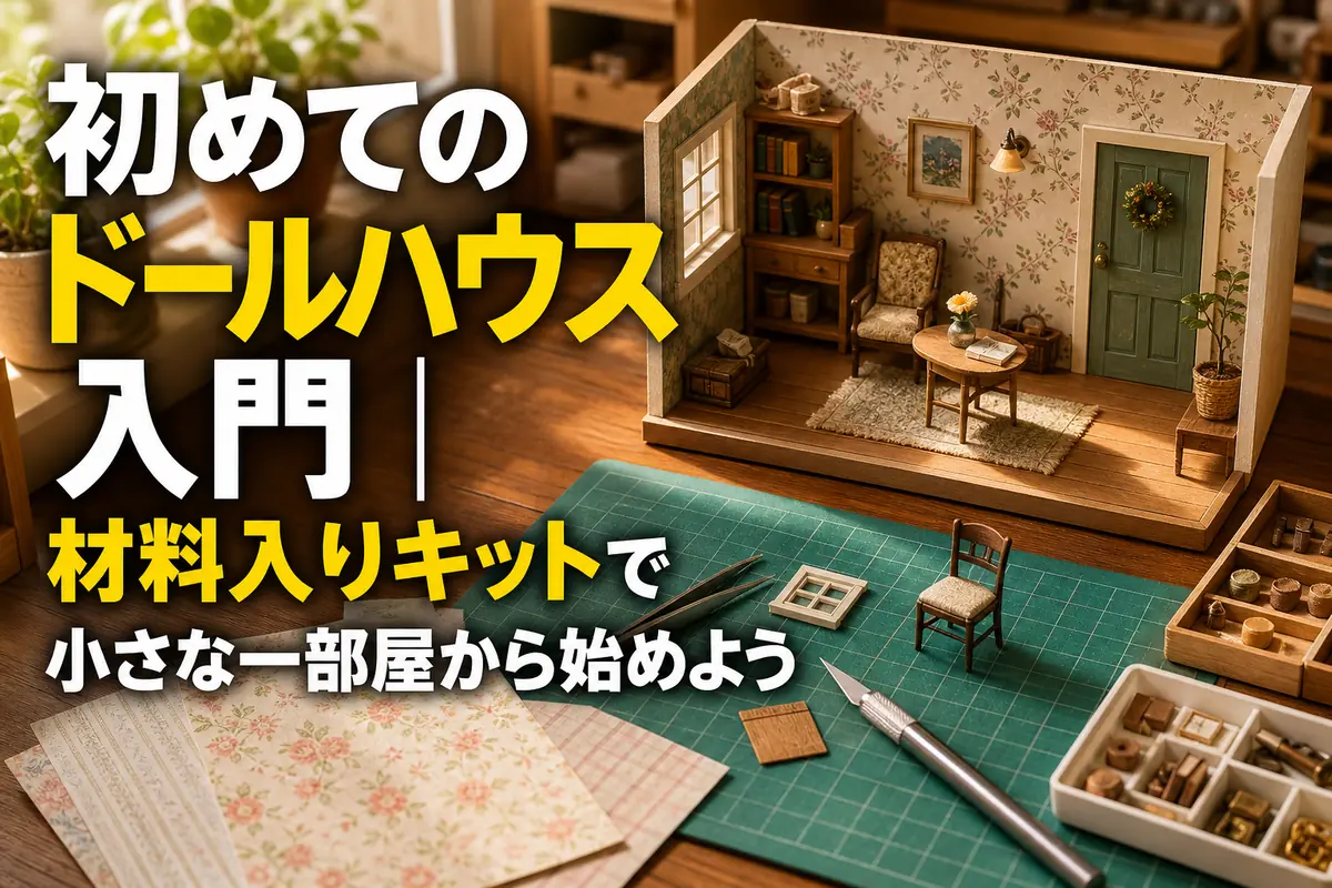 材料入りのドールハウスキットと道具を机に広げた制作風景。