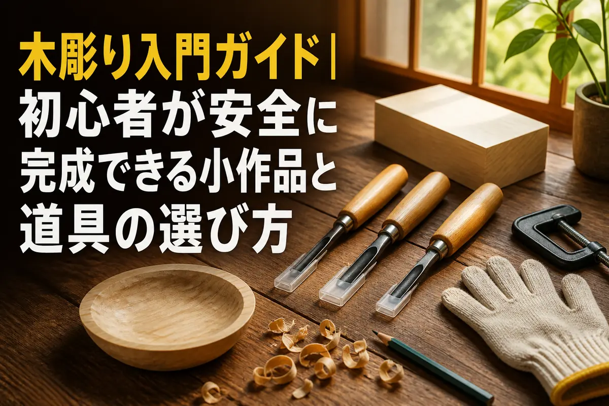 彫刻刀と固定具、小さな木彫り作品を安全に並べた初心者向けの作業机。