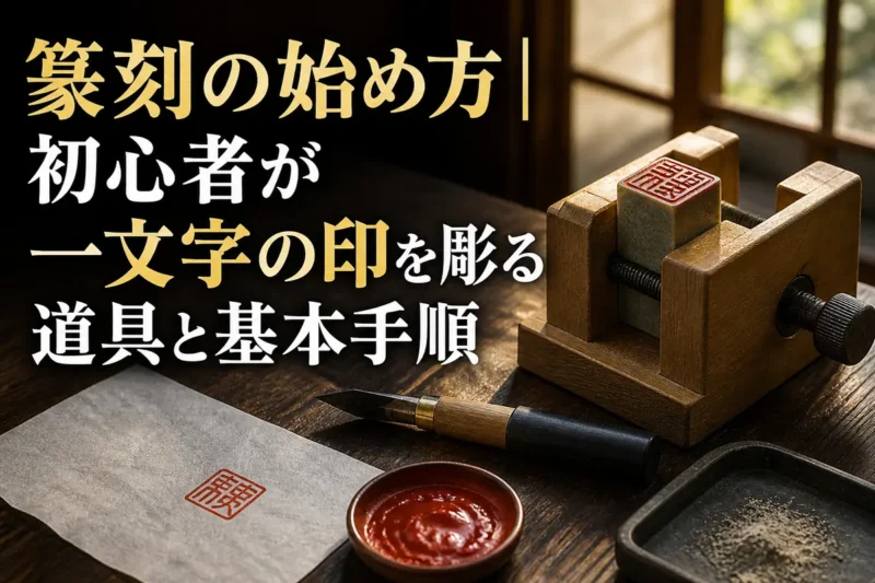 印床に固定した小さな印材と篆刻道具が並ぶ作業机。