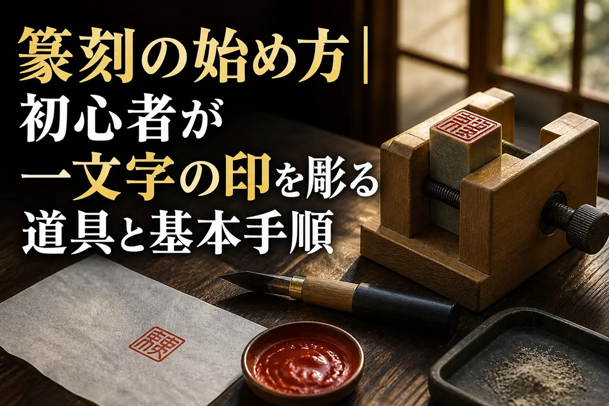 印床に固定した小さな印材と篆刻道具が並ぶ作業机。