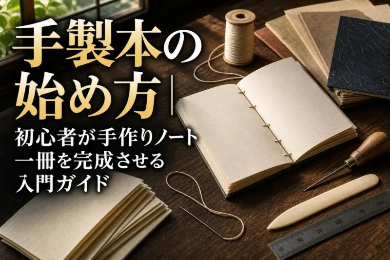 糸綴じノートと製本道具を並べた明るい作業机。