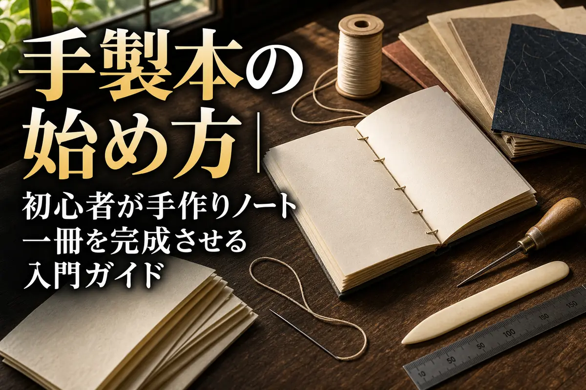 糸綴じノートと製本道具を並べた明るい作業机。