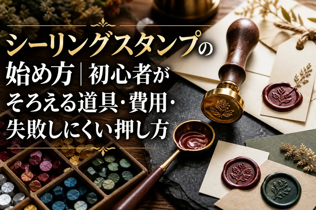 印章とカラーワックス、完成したシールを並べたシーリングスタンプの作業風景。