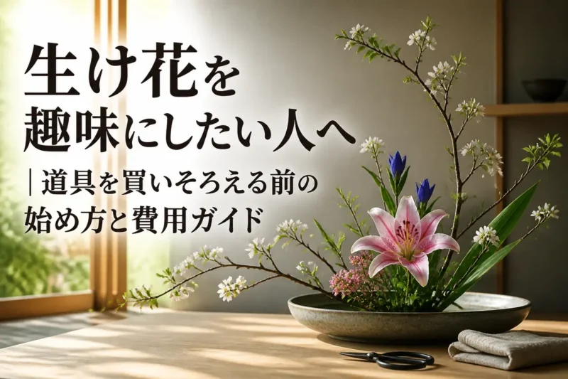 浅い花器に生けた季節の花と花ばさみが木のテーブルに並んでいる。