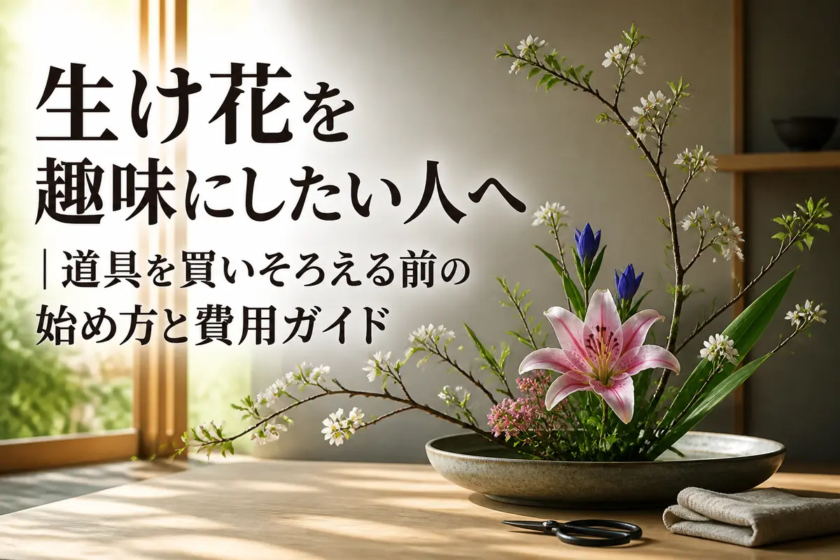 浅い花器に生けた季節の花と花ばさみが木のテーブルに並んでいる。