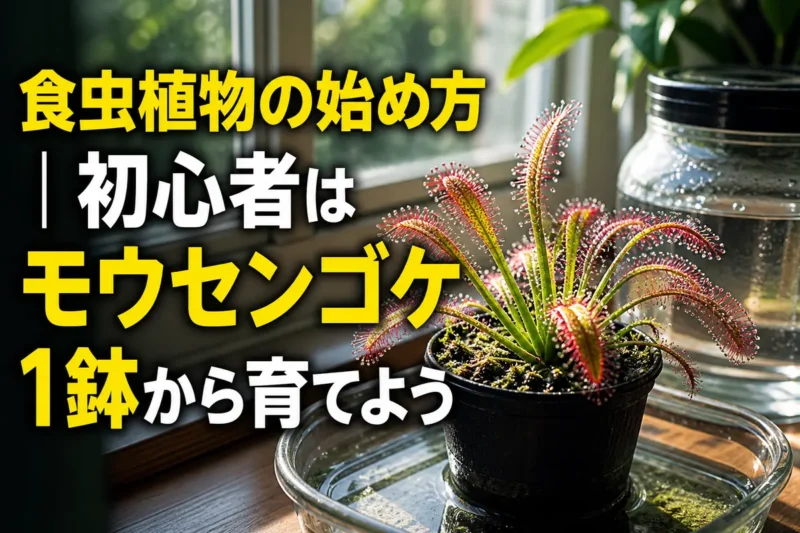 明るい窓辺で受け皿の水に置かれたケープモウセンゴケ。