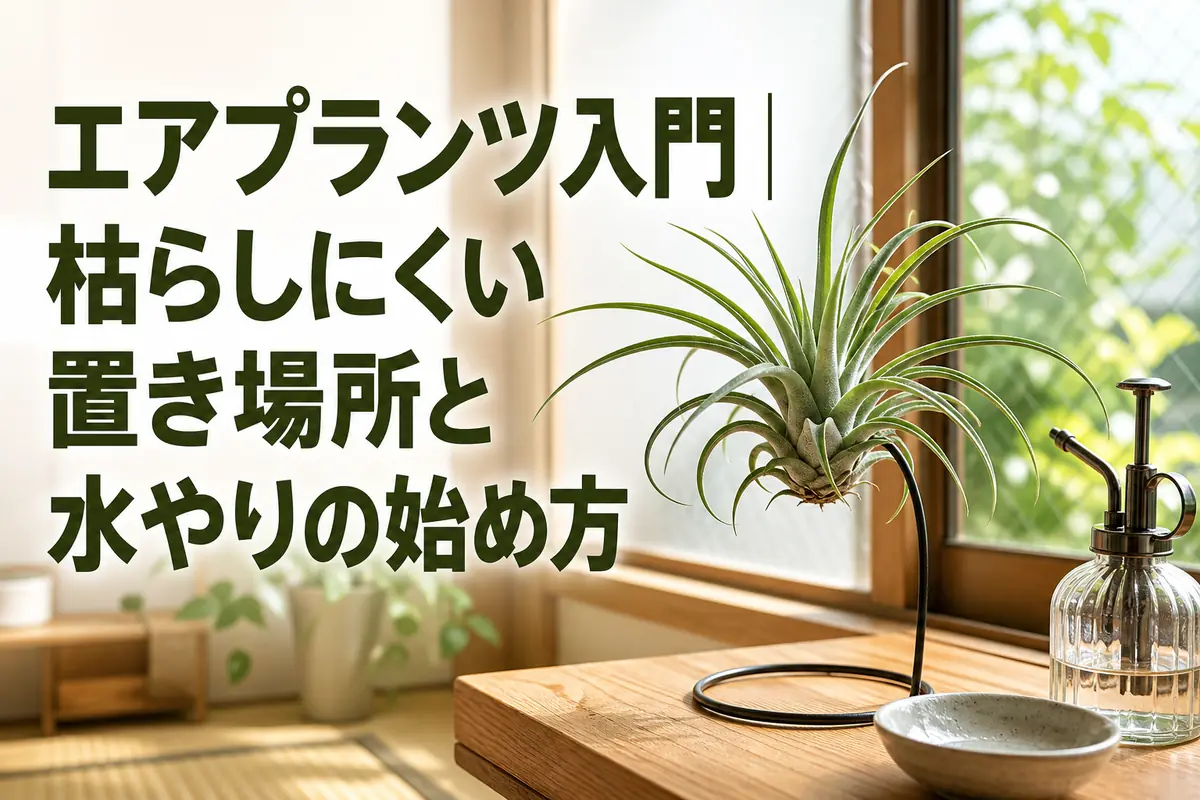 明るい窓辺のスタンドに飾られた小さなエアプランツ。