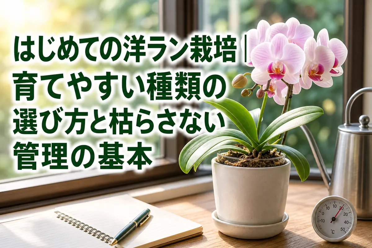 明るい窓辺に置かれたミニコチョウランと栽培道具。