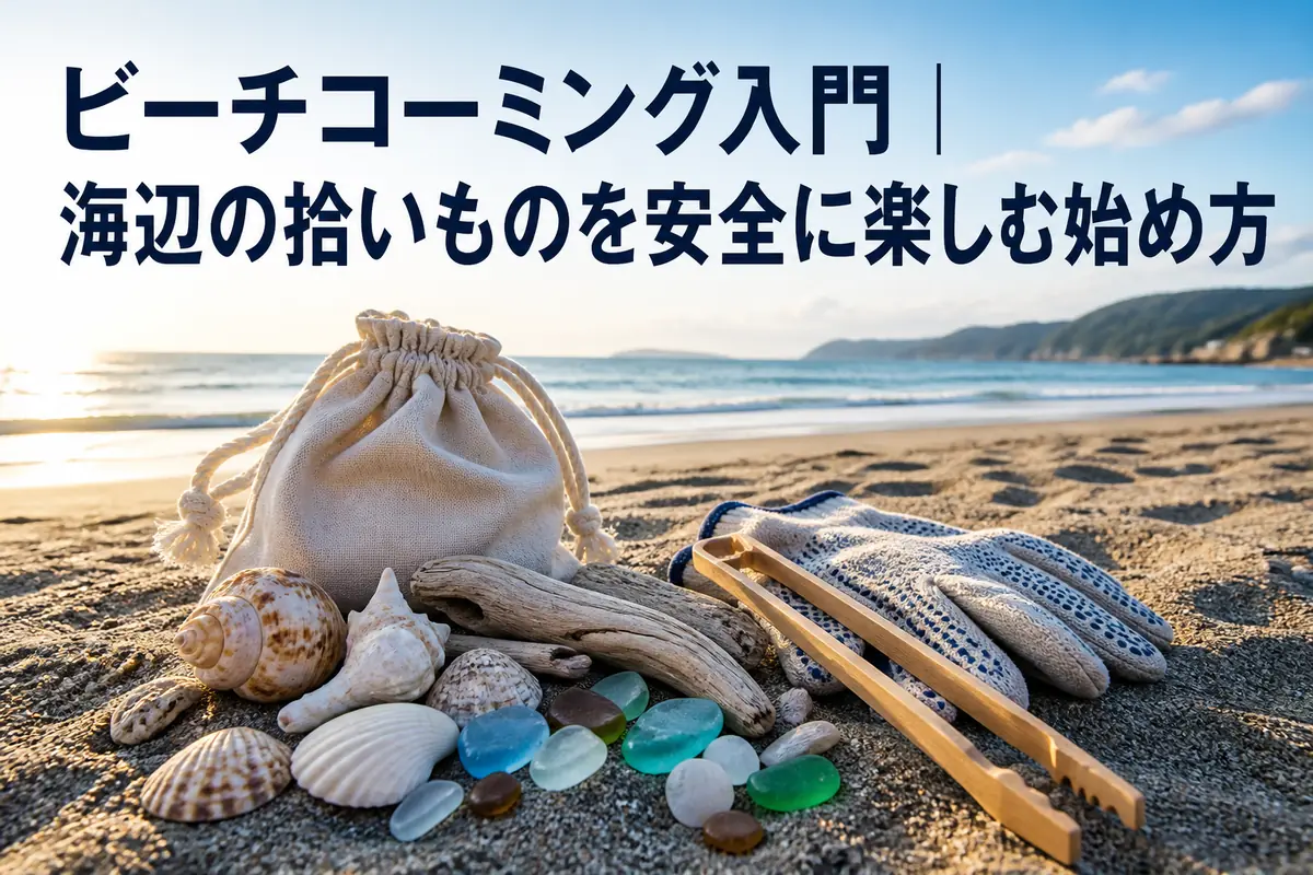砂浜に貝殻やシーグラスとビーチコーミングの道具が並んでいる。