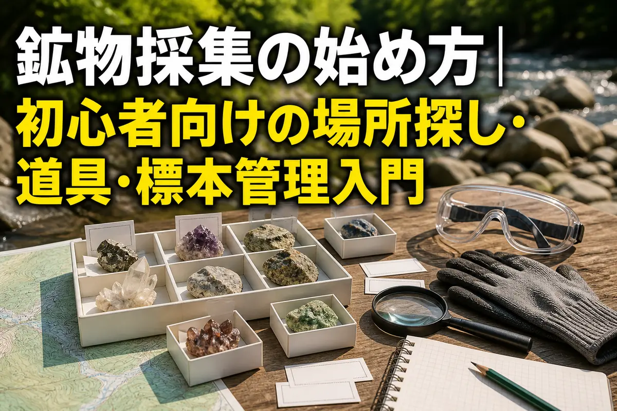 ルーペや保護メガネ、ラベルとともに整理された鉱物標本。