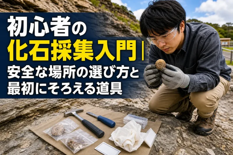 保護具を着けて管理された学習地で化石を観察する初心者。