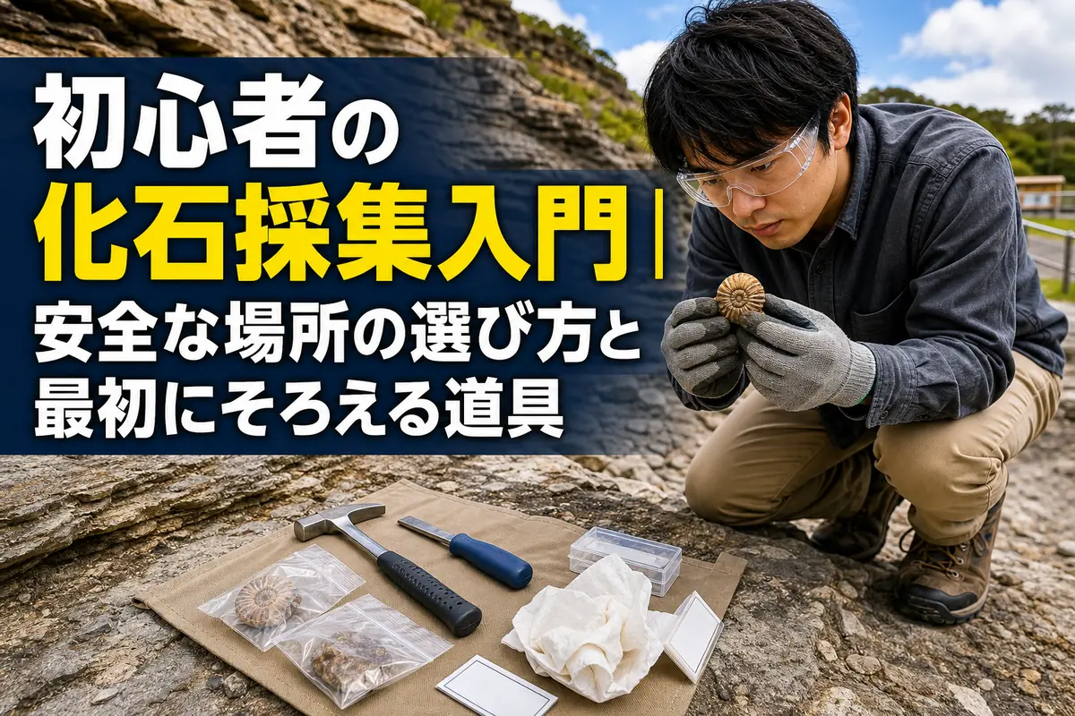 保護具を着けて管理された学習地で化石を観察する初心者。