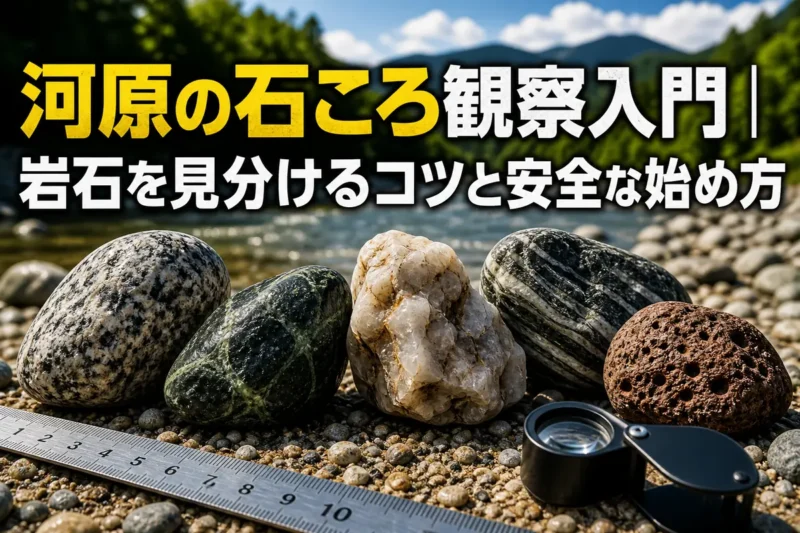 河原に並べた石ころをルーペと定規で観察している様子。