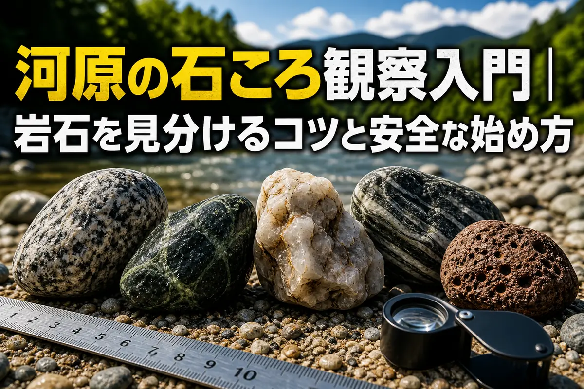 河原に並べた石ころをルーペと定規で観察している様子。