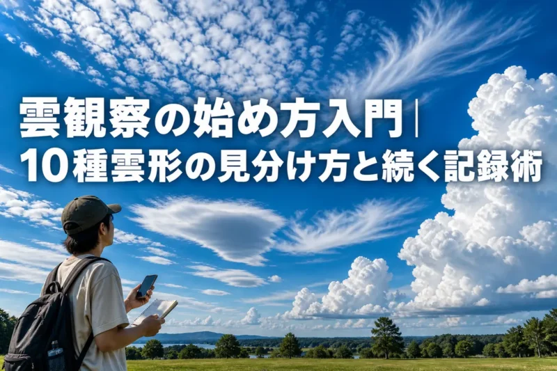 公園でノートを手にさまざまな形の雲を観察する様子。
