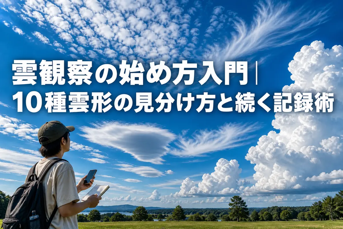 公園でノートを手にさまざまな形の雲を観察する様子。
