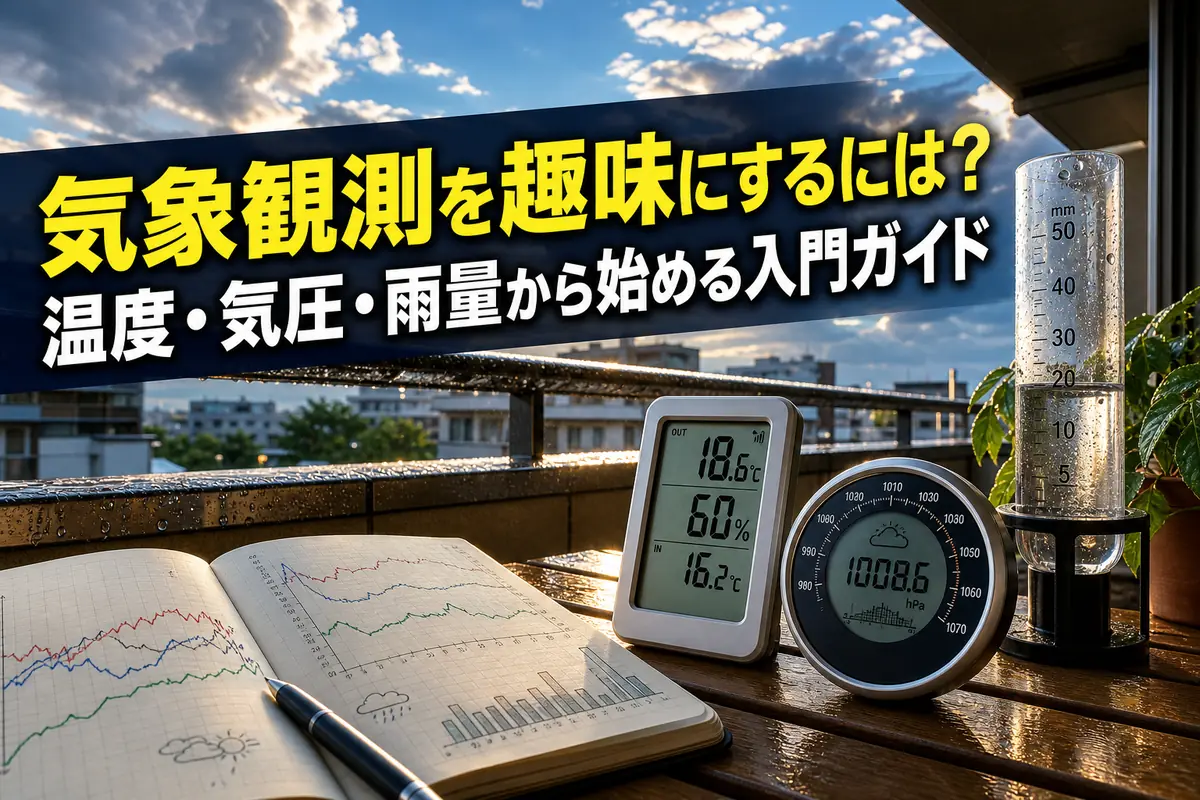 温度計や気圧計、雨量計を使って身近な天気を記録する様子。