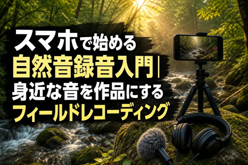 森の小川のそばでスマートフォンを使って自然音を録音している様子。