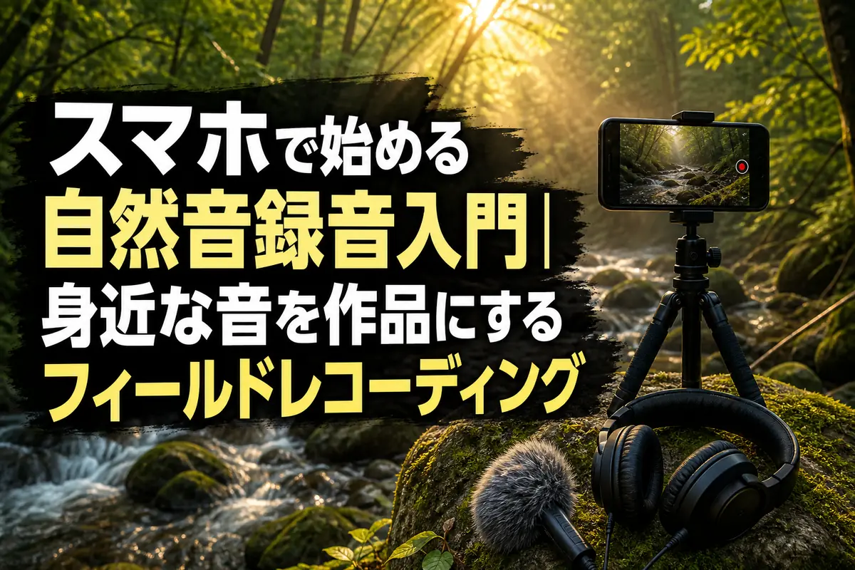 森の小川のそばでスマートフォンを使って自然音を録音している様子。