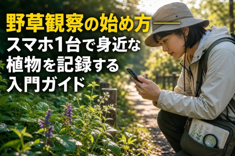 公園の小道でスマートフォンを使って野草を観察する様子。