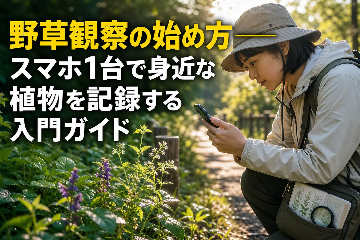 公園の小道でスマートフォンを使って野草を観察する様子。