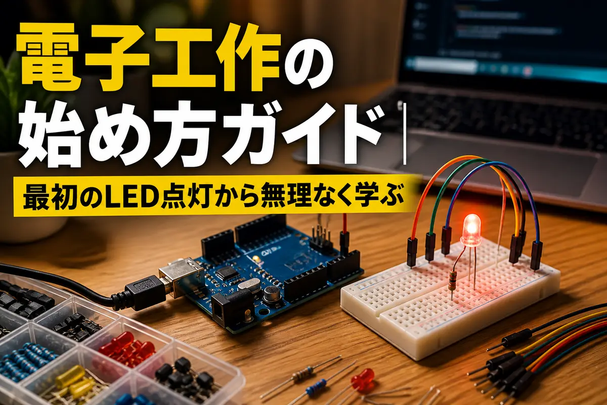 ブレッドボード上の赤いLEDを点灯させた初心者向け電子工作の作業机。