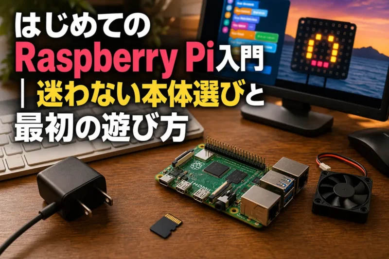 Raspberry Pi本体と初心者向けの周辺機器を机に並べた様子。