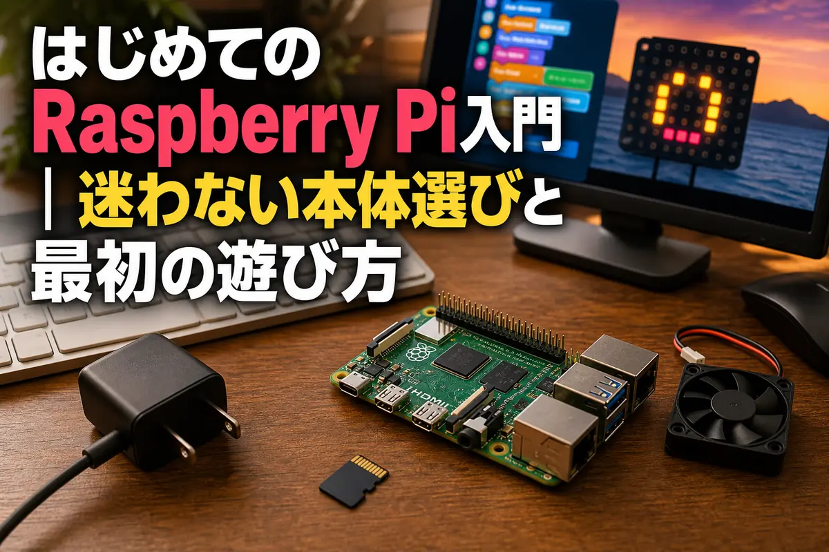 Raspberry Pi本体と初心者向けの周辺機器を机に並べた様子。