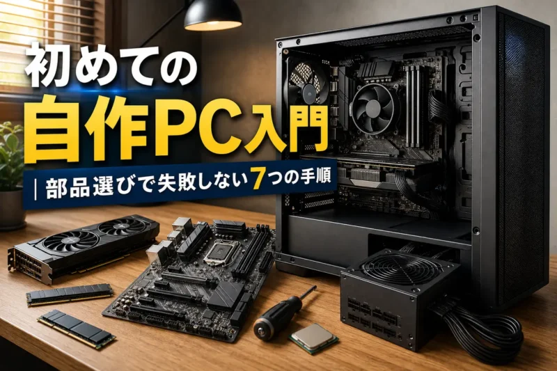 自作PCの部品と工具を机の上に整理した組み立て前の様子。