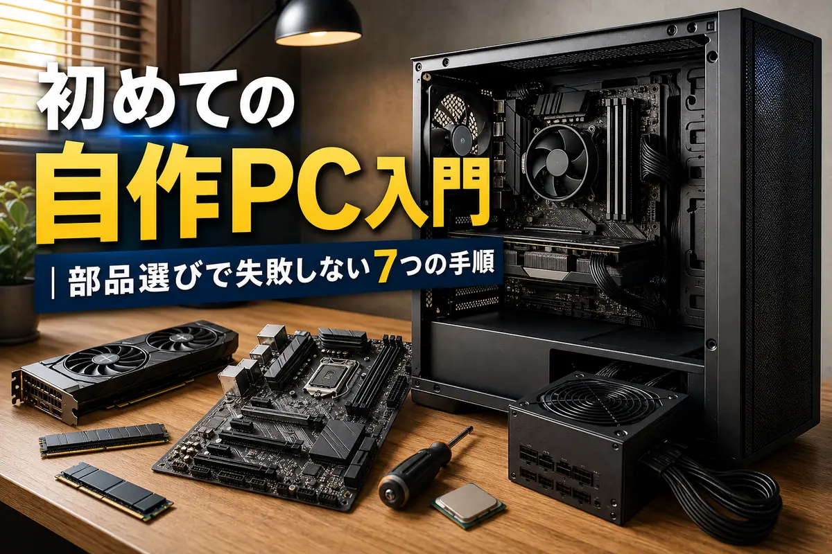 自作PCの部品と工具を机の上に整理した組み立て前の様子。