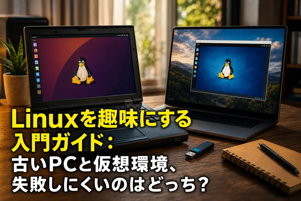 古いノートPCと仮想環境でLinuxを試す自宅のデスク。