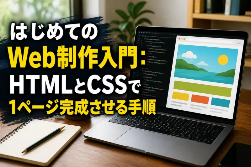 ノートパソコンでHTMLとCSSのページを作っている明るい作業机。