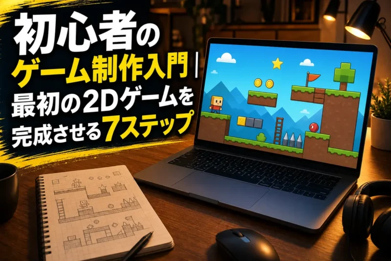 机のパソコンでシンプルな2Dゲームを制作している様子。