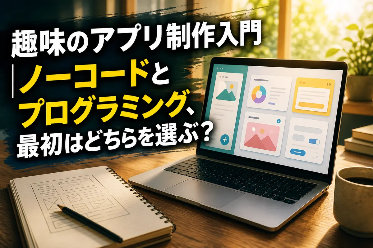 ノートに画面案を描きながらパソコンでアプリを制作する初心者の作業机。