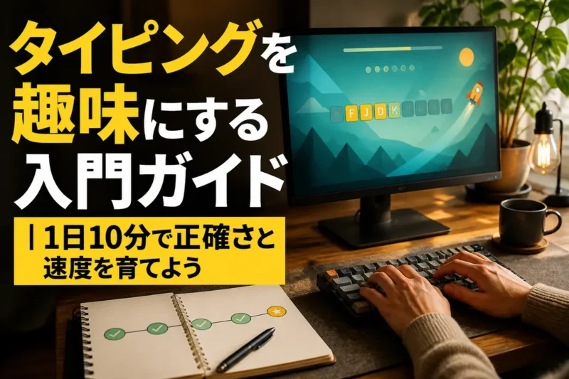 自宅の机でタイピング練習を始めるためのパソコンとキーボード。