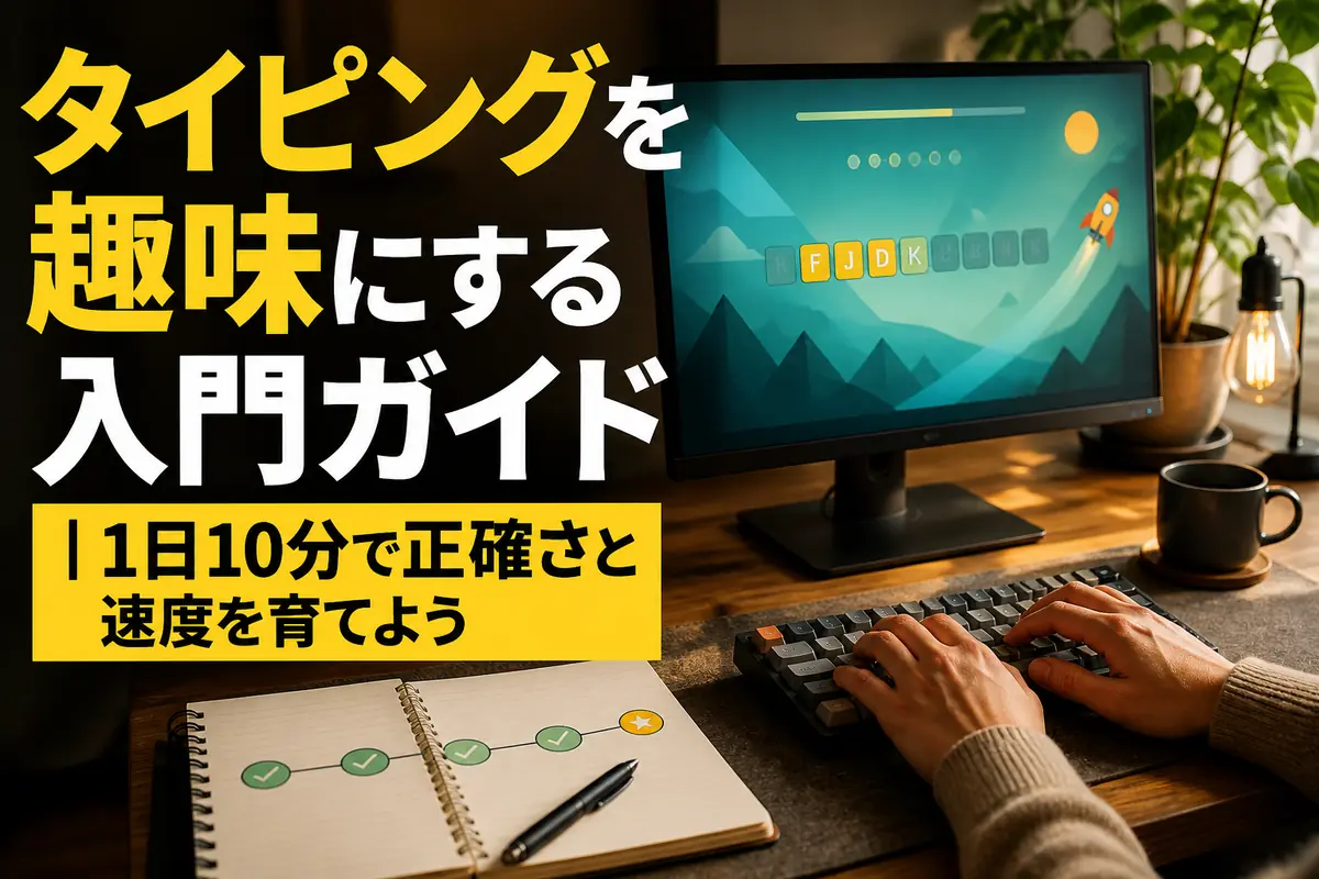 自宅の机でタイピング練習を始めるためのパソコンとキーボード。