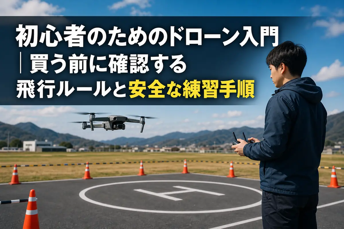 広い練習場で初心者が小型ドローンを安全に操作している様子。