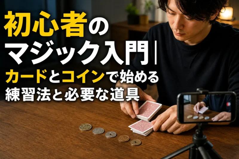 トランプと硬貨を使ってテーブルでマジックを練習する初心者。