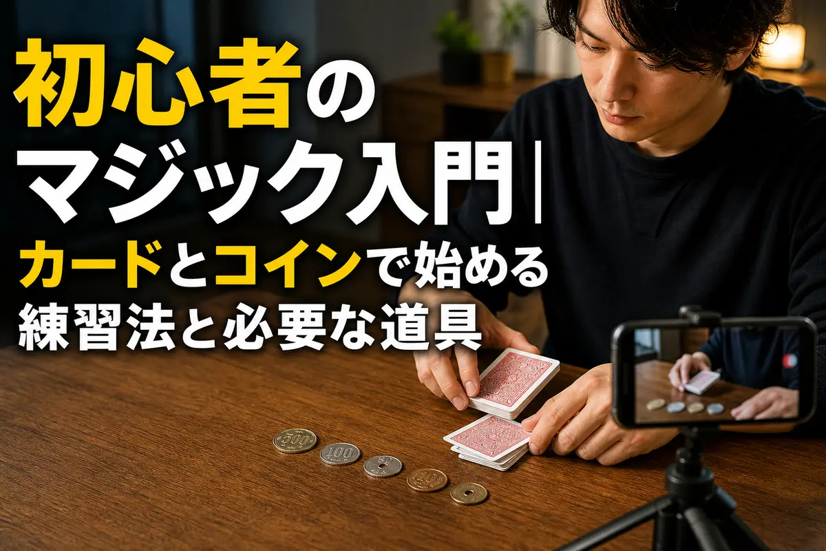 トランプと硬貨を使ってテーブルでマジックを練習する初心者。