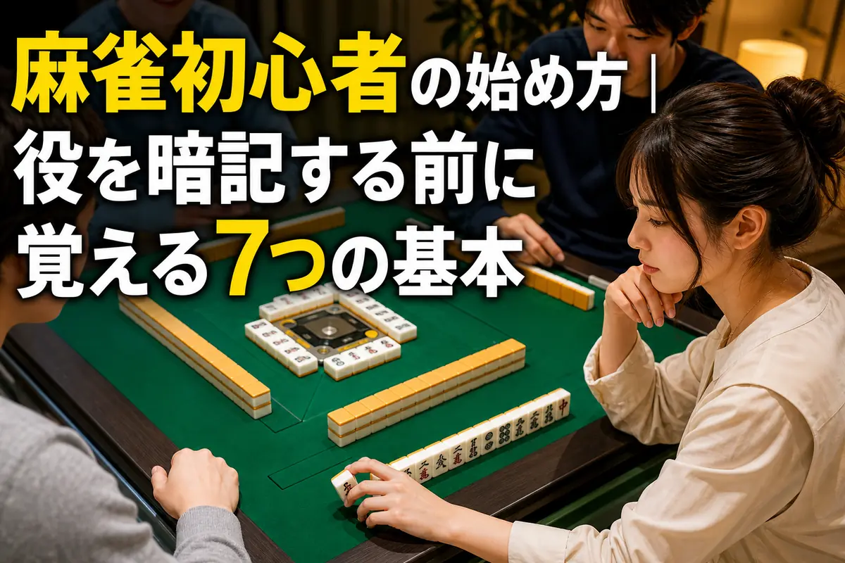 緑色の卓で麻雀牌を並べて基本を学ぶ初心者の様子。