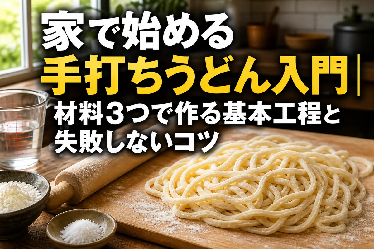 家庭の作業台に手打ちうどんと麺棒、材料が並んでいる様子。