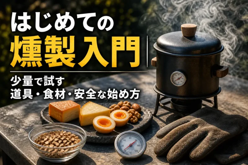 小型燻製器とチーズ、ゆで卵、ナッツを安全に準備した様子。