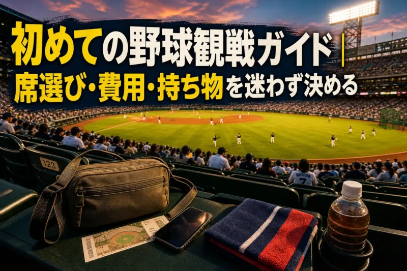 内野席から球場全体を見渡し、観戦の持ち物を準備した様子。