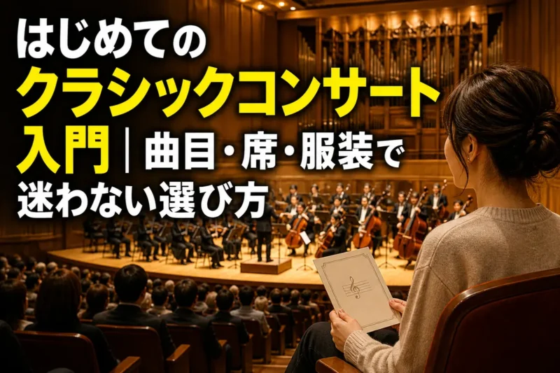 暖かな照明のコンサートホールでオーケストラを鑑賞する様子。