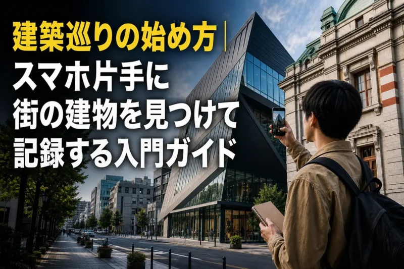 スマートフォンを手に街の建築を観察する初心者。
